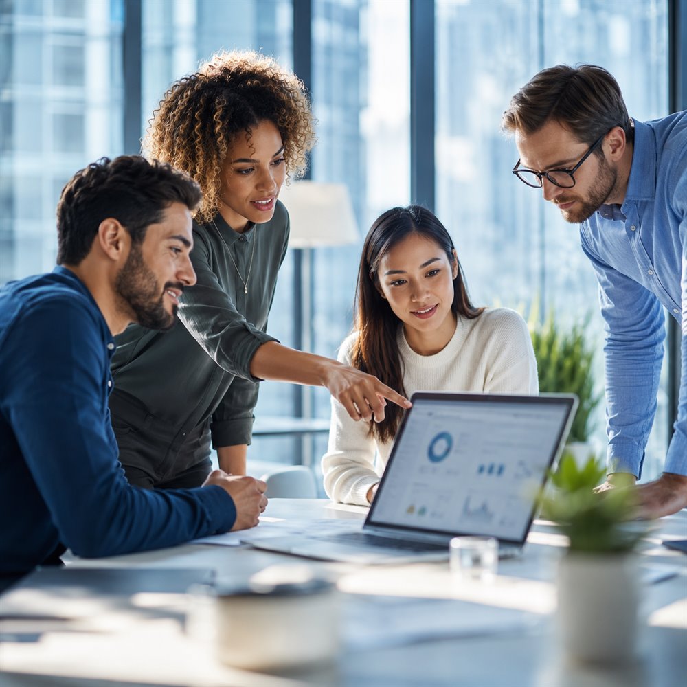 A diverse team comparing CRM software on a laptop